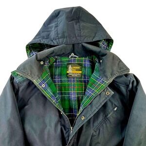 Vintage London Fog Navy Blue Plaid Lined Hooded Parka Jacket Mens 46 Reg